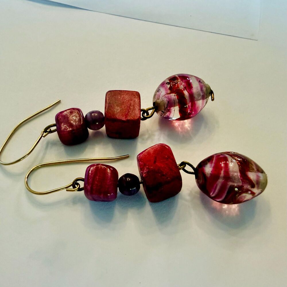 Vintage Artisan Beaded Earrings | 14K Gold Ear Wires | Maroon Lampwork Glass
